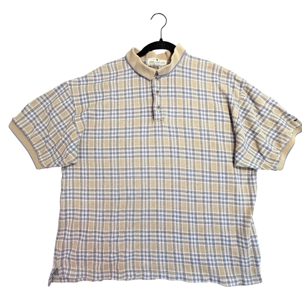 Mens Golf Large Polo Shirt Plaid 100% Cotton Short Sleeve Vintage.